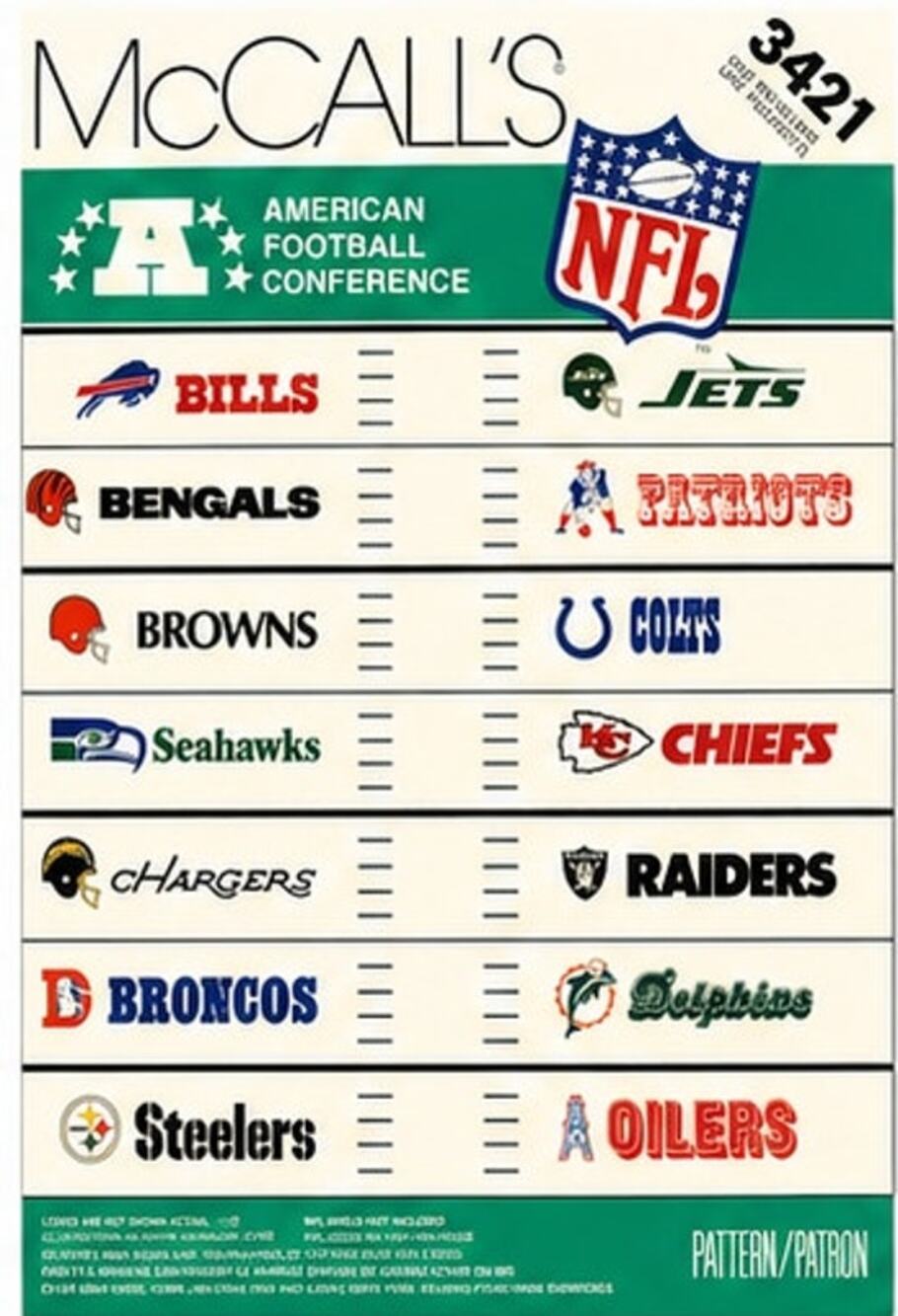 McCall's 3421 Vintage Transfer Pattern American Football Conference Team Logos